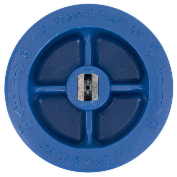 A blue plastic circular valve with four holes.