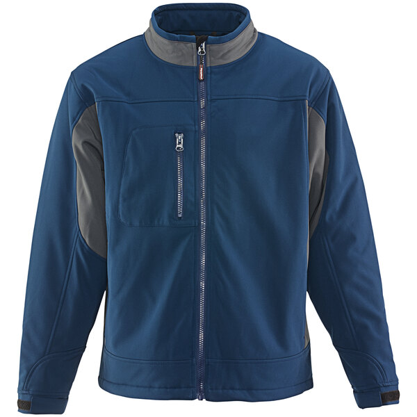 A navy blue RefrigiWear insulated softshell jacket with grey trim and zippers.