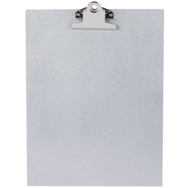 A Menu Solutions aluminum table tent with a metal clip.