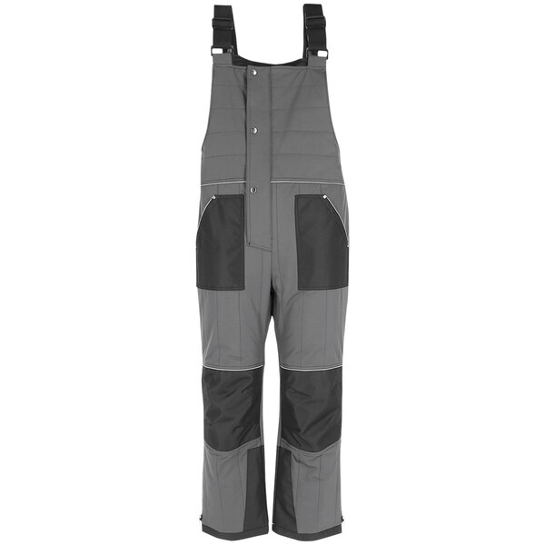 RefrigiWear grey bib overalls with black pockets and zippers.