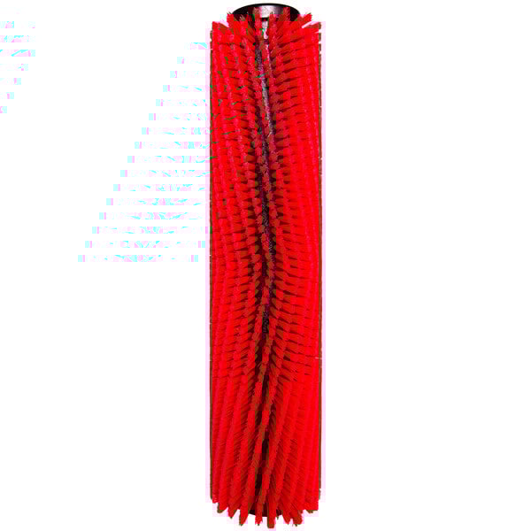 A Tornado red plastic scrub brush with black bristles.