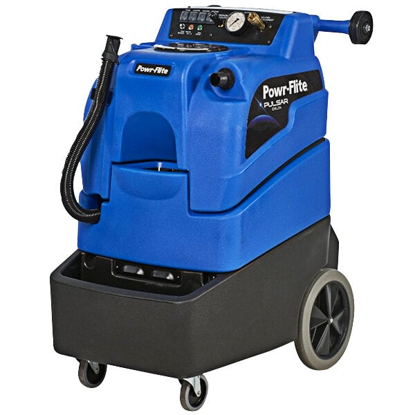 A blue Powr-Flite Pulsar Delta+ carpet extractor with wheels.