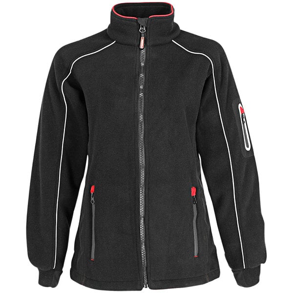 A black RefrigiWear women's fleece jacket with red trim.
