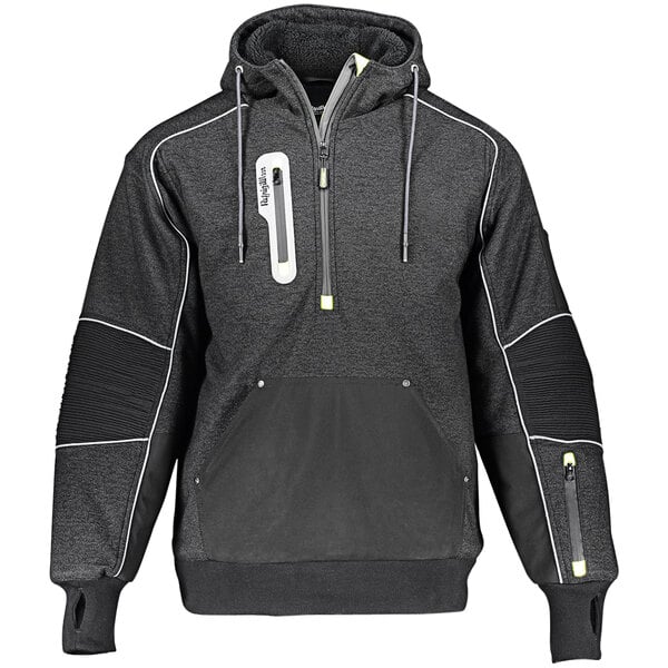 A black and grey RefrigiWear hybrid sweatshirt with a zipper and white stripes.