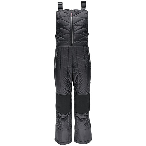 A pair of black RefrigiWear Diamond Quilted overalls with straps and zippers.