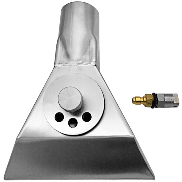 A silver metal upholstery tool with a round metal connector and brass nozzle.