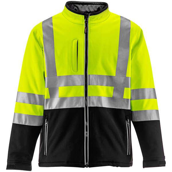 A lime and black RefrigiWear HiVis safety jacket with reflective stripes.
