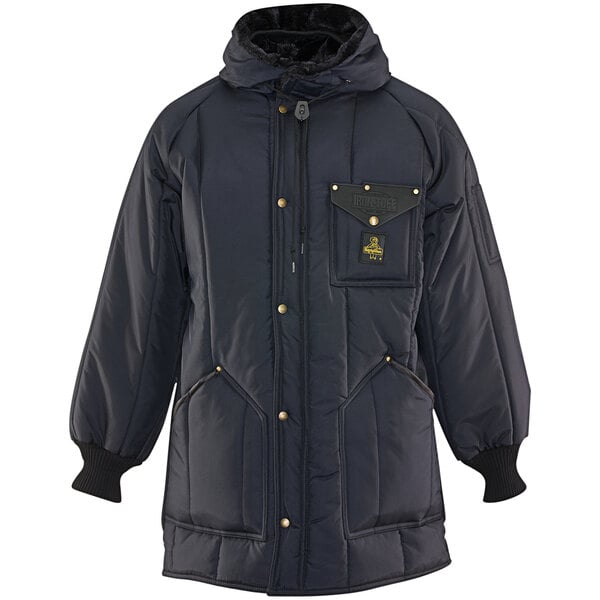 A navy RefrigiWear Iron-Tuff jacket with a hood and pockets.