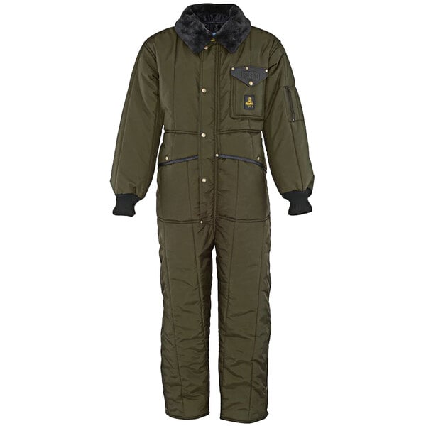 A sage green RefrigiWear coverall with a hood and black buttons.