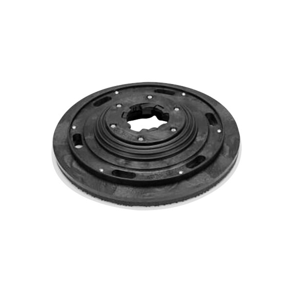 A black Powr-Flite pad driver disc with holes on it.