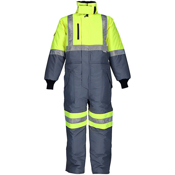 A lime and grey RefrigiWear coverall with reflective stripes.