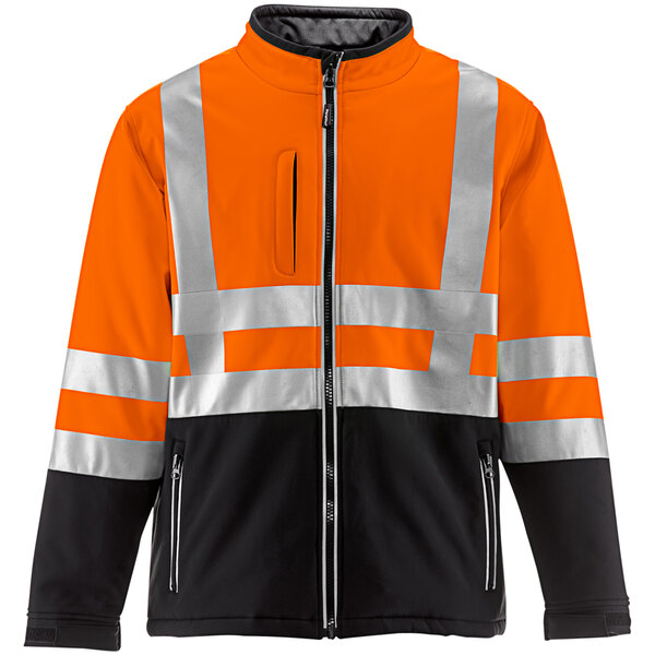 An orange and black RefrigiWear jacket with reflective stripes.