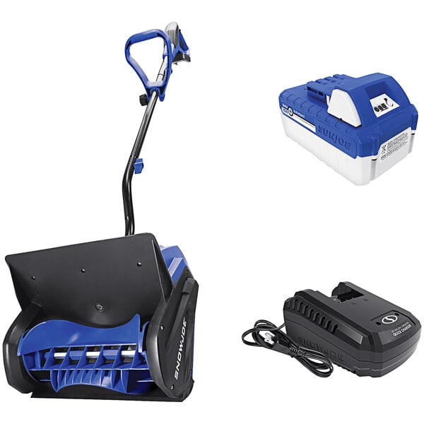 A Snow Joe 24V battery and charger attached to a snow shovel.