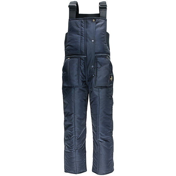 A pair of navy RefrigiWear women's overalls with pockets.