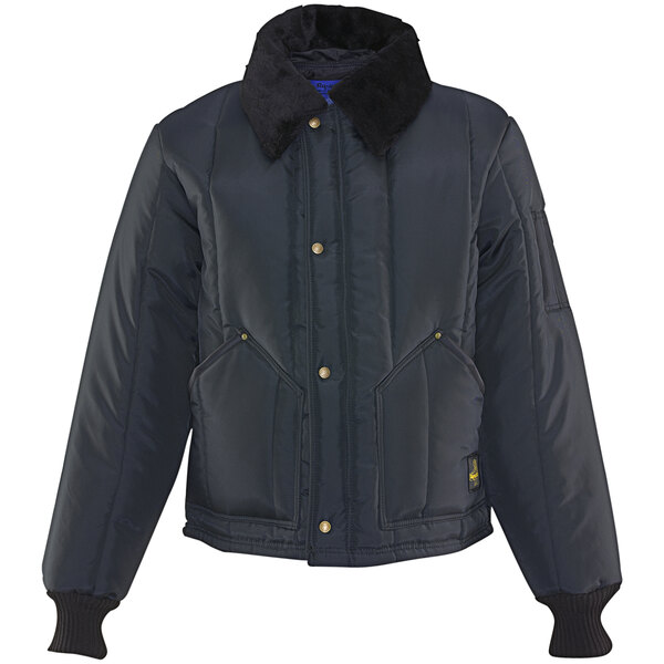 A navy blue RefrigiWear Iron-Tuff jacket with a fur collar and a zipper.