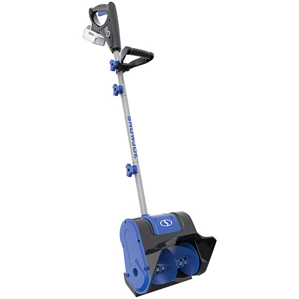 A Snow Joe 24V cordless snow shovel with a blue and black handle.