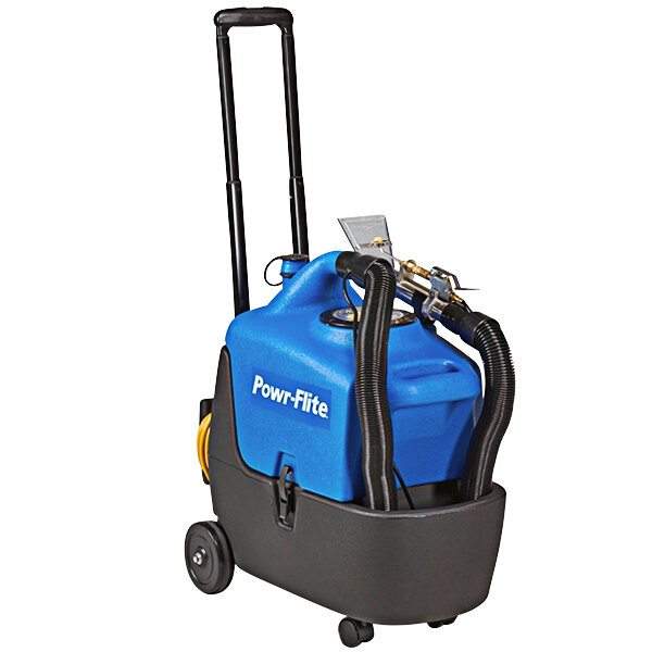 A blue and black Powr-Flite Photon portable carpet spotter with a stretch hose.