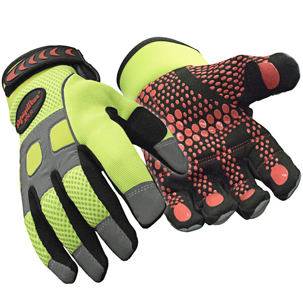 A pair of lime green and black RefrigiWear insulated gloves.