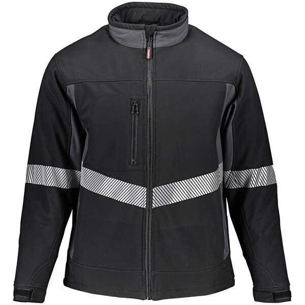 A black RefrigiWear soft shell jacket with silver reflective stripes.