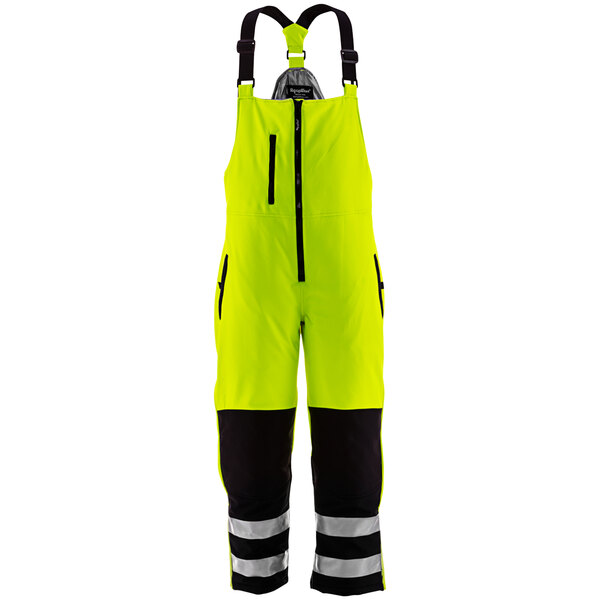 A lime yellow and black RefrigiWear insulated softshell bib overalls.