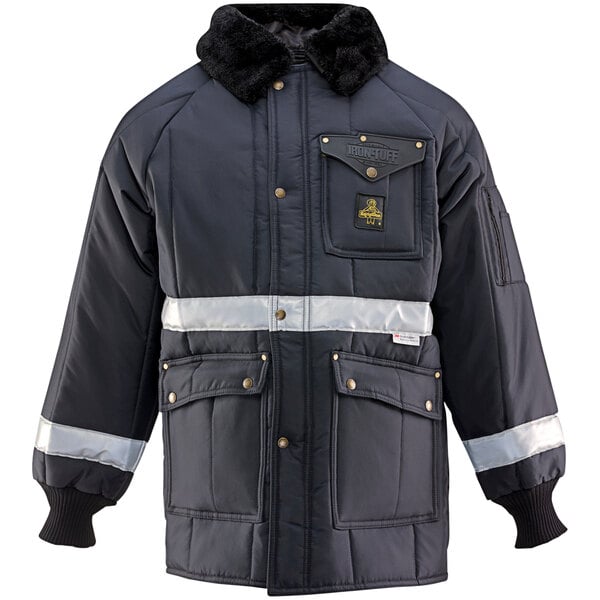 A black RefrigiWear Iron-Tuff jacket with white reflective stripes.