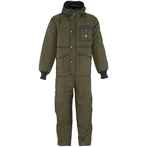 A sage green RefrigiWear coverall with hood and pockets.