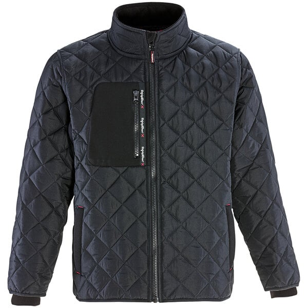 A black RefrigiWear quilted jacket with a black zipper.