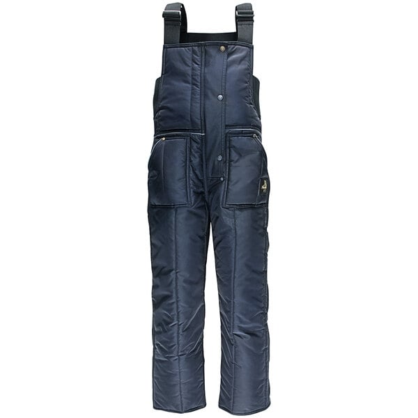 A pair of navy RefrigiWear overalls with pockets.