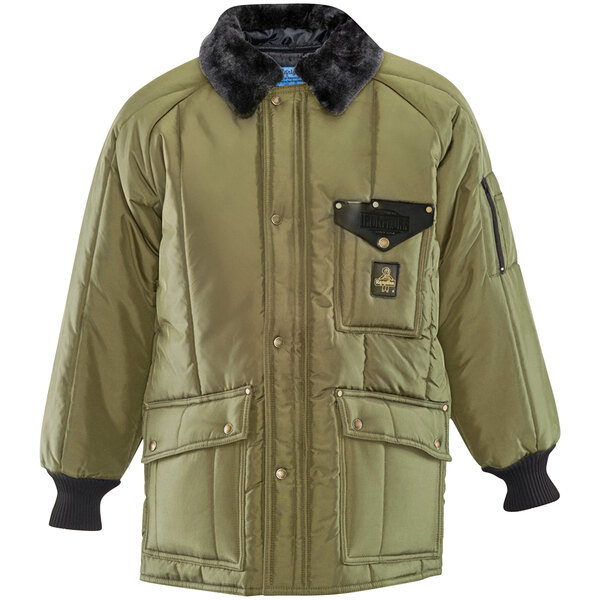 A sage green RefrigiWear Iron-Tuff jacket with black trim.