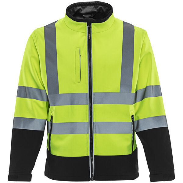 A black and yellow RefrigiWear softshell jacket with reflective stripes.