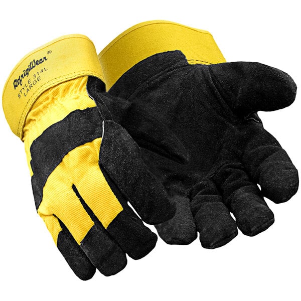 A pair of black and yellow RefrigiWear insulated work gloves.