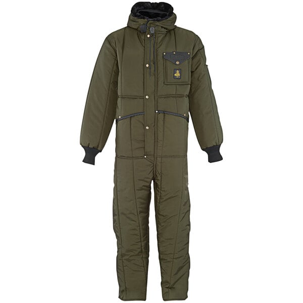 A sage green RefrigiWear coverall with a hood and pockets.