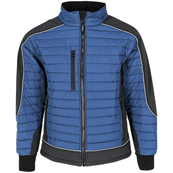 A RefrigiWear men's blue and black insulated jacket with a zipper.