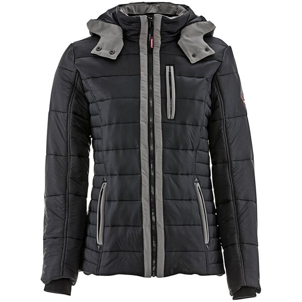 A black and grey RefrigiWear women's jacket with a hood and zipper.