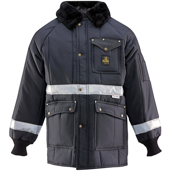 A navy blue RefrigiWear jacket with reflective stripes.