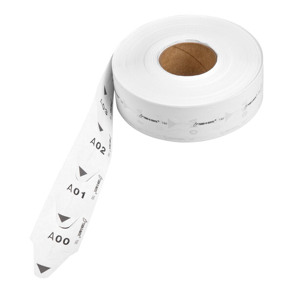 A roll of white three-digit take-a-number tickets designed for use with a Turn-O-Matic T80 D80 ticket dispenser.