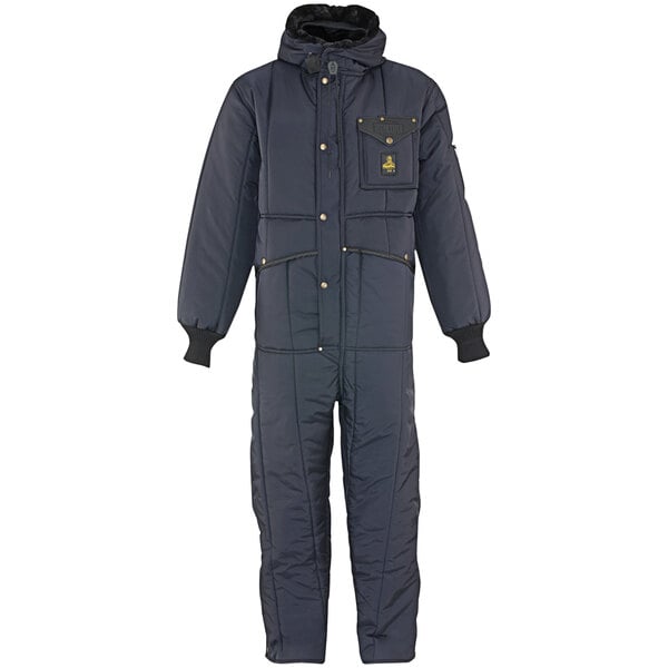 A navy blue RefrigiWear coverall with a hood.