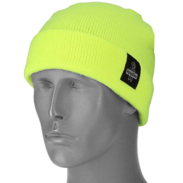 A mannequin head wearing a lime green RefrigiWear knit beanie.