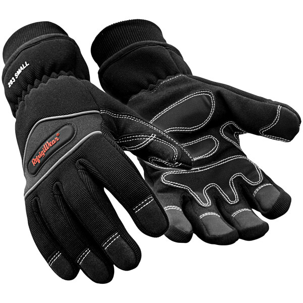 A pair of black RefrigiWear safety gloves with red stitching.