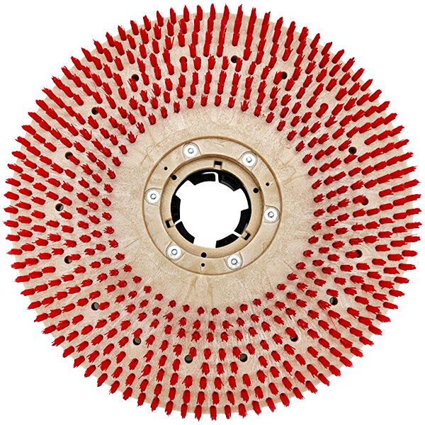 A red and white circular tufted pad driver with red bristles.