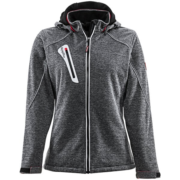 A RefrigiWear women's grey softshell jacket with red accents and a white logo on the chest.
