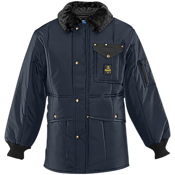 A navy RefrigiWear Iron-Tuff jacket with a fur collar and a hood.