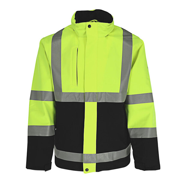 A black and lime yellow RefrigiWear rain jacket with reflective stripes.