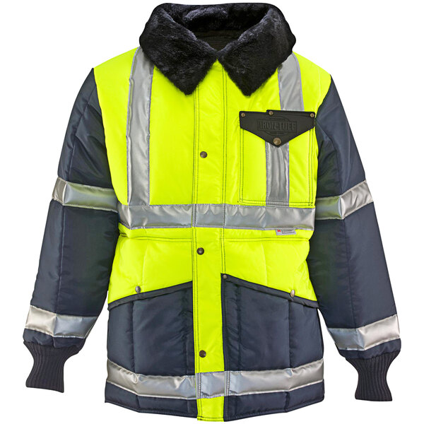A yellow and navy jacket with reflective stripes on the collar.