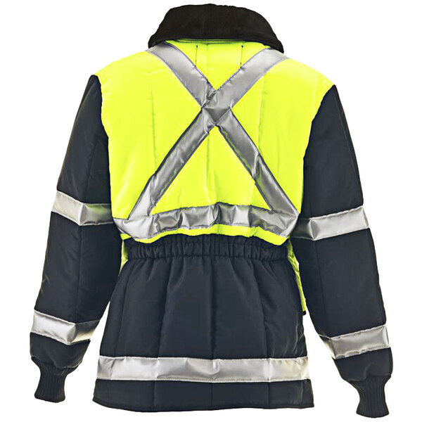 A RefrigiWear Iron-Tuff jacket in lime and navy with reflective stripes.