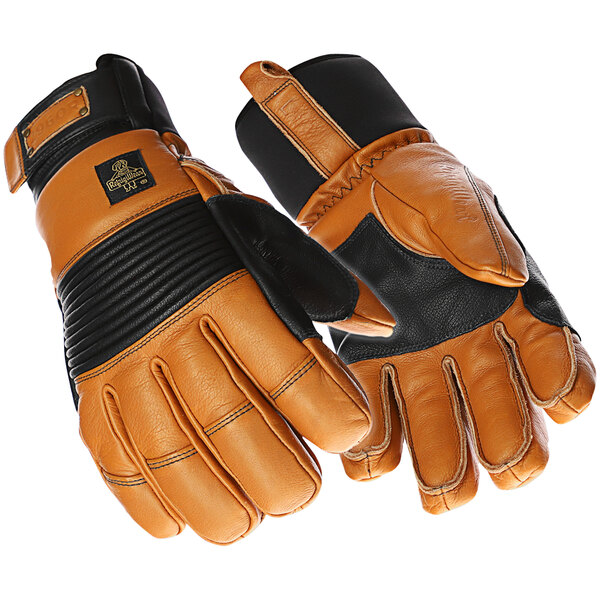 A pair of RefrigiWear warehouse gloves with black and brown leather.