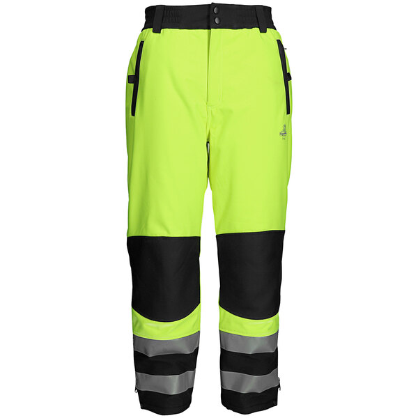 A pair of yellow pants with reflective stripes.