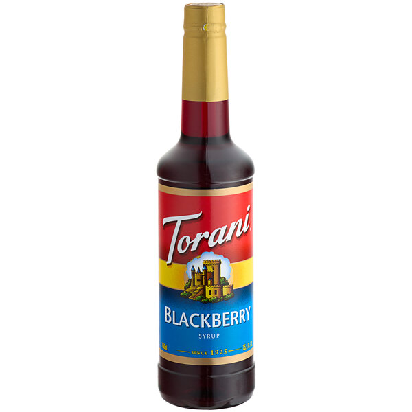 A Torani Blackberry Flavoring Syrup 750 mL plastic bottle with a red label.