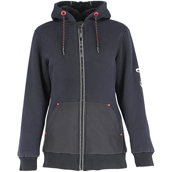 A black RefrigiWear women's hybrid sweatshirt with a zipper and hood.