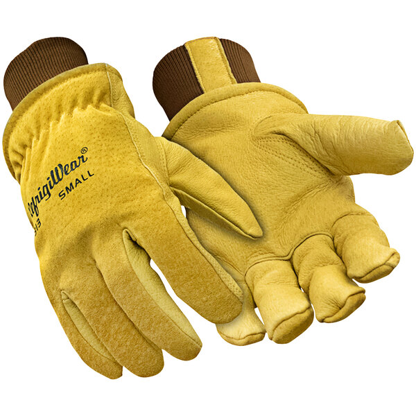 A pair of yellow insulated goatskin leather gloves with brown leather.